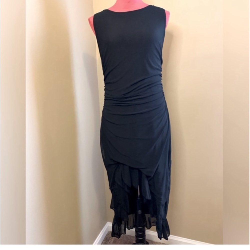 BLACK ASYMMETRICAL RUFFLE HEM RUCHED DRESS - Picture 12 of 12